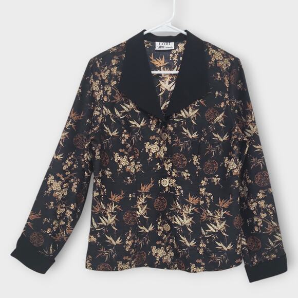 Lori Tops - Lori Blouse Womens Medium Blazer Floral Black Brown Vintage Gold Buttons Dressy